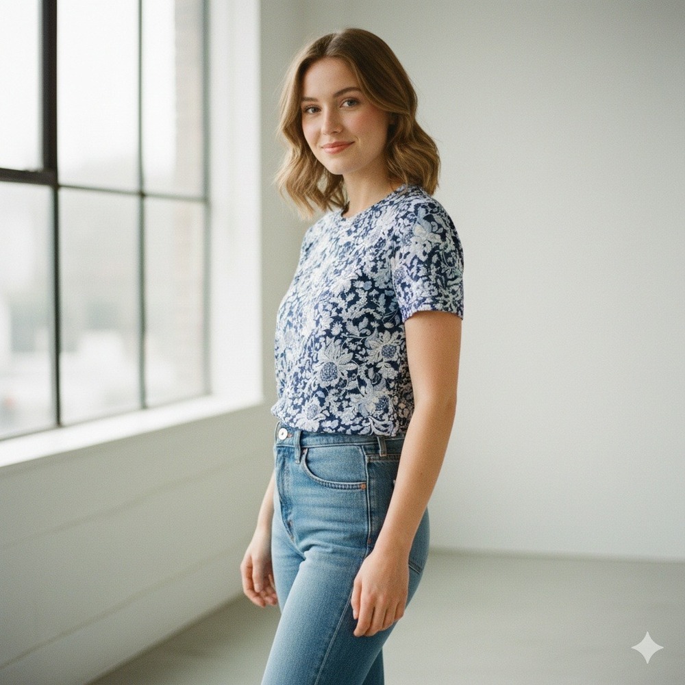 LOFT Women's Navy‎ Blue Floral Print Short Sleeve T-Shirt Top - Size XS